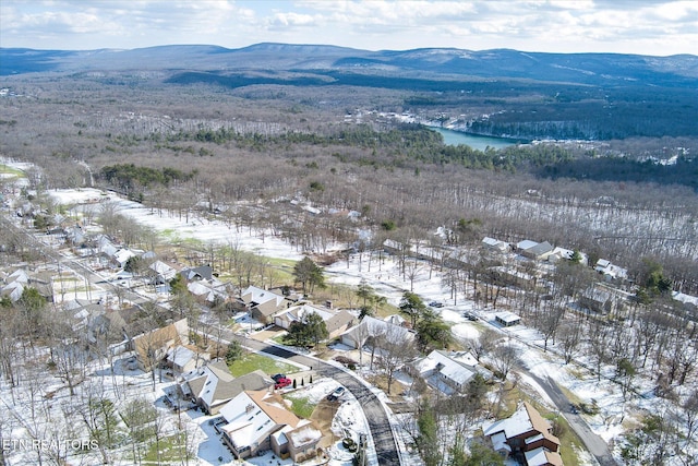 snowy aerial view with a water and mountain view