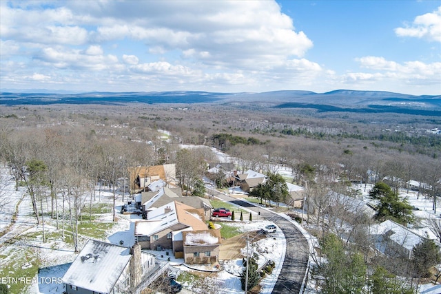 snowy aerial view with a mountain view