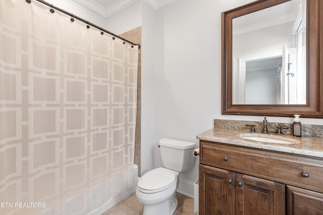 full bathroom featuring shower / tub combo, toilet, crown molding, tile patterned floors, and vanity