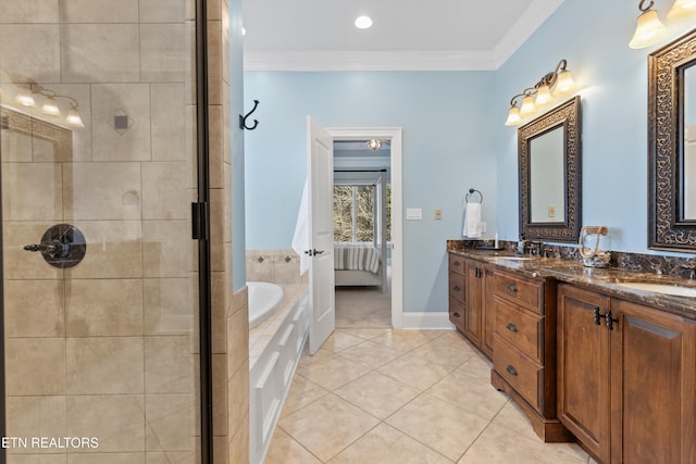 bathroom with shower with separate bathtub, vanity, tile patterned floors, and crown molding