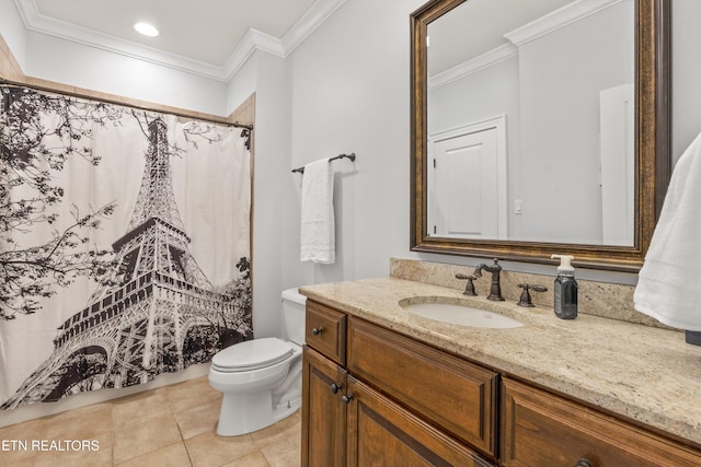 bathroom featuring ornamental molding, tile patterned flooring, vanity, and toilet