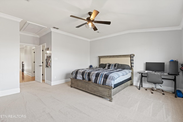 bedroom featuring carpet flooring, ceiling fan, and ornamental molding