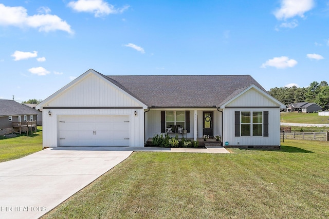 single story home with a front yard, a garage, and covered porch