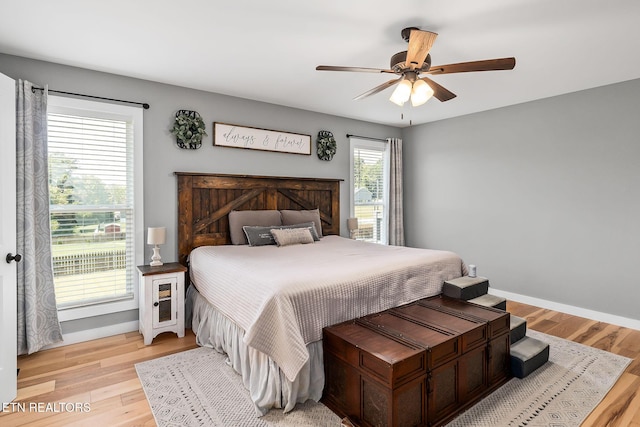 bedroom with ceiling fan and light wood-type flooring