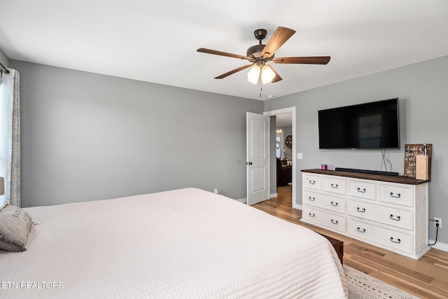 bedroom featuring ceiling fan and light hardwood / wood-style floors