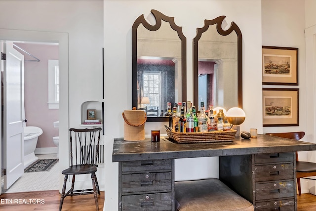 bathroom with vanity, wood-type flooring, and toilet