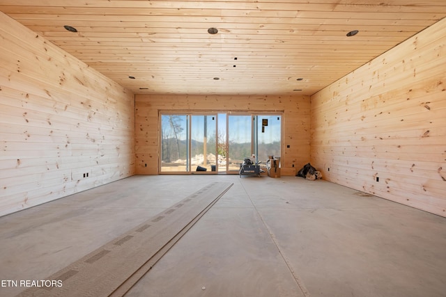 empty room featuring wood walls and wood ceiling