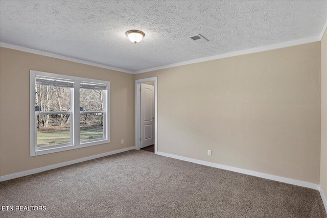 spare room featuring carpet, ornamental molding, and a textured ceiling