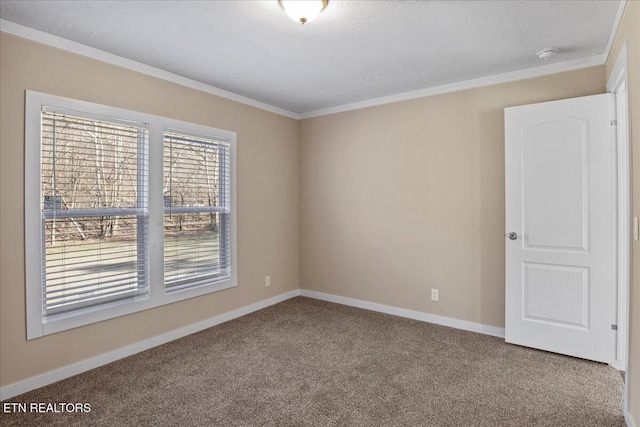 carpeted spare room featuring a textured ceiling and ornamental molding