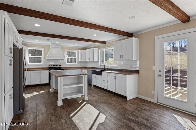 kitchen featuring premium range hood, decorative backsplash, appliances with stainless steel finishes, a kitchen island, and white cabinetry