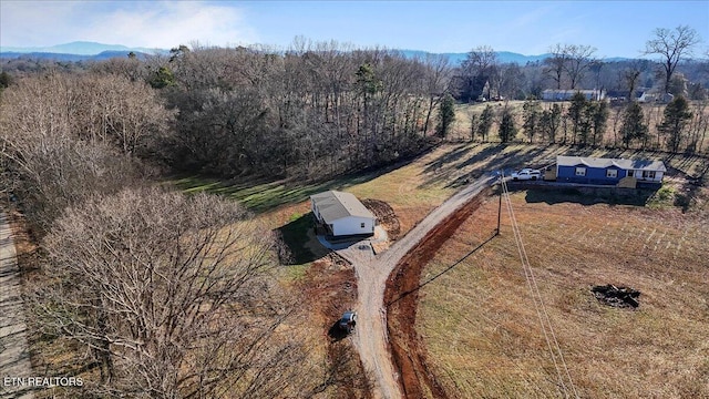 drone / aerial view featuring a mountain view and a rural view