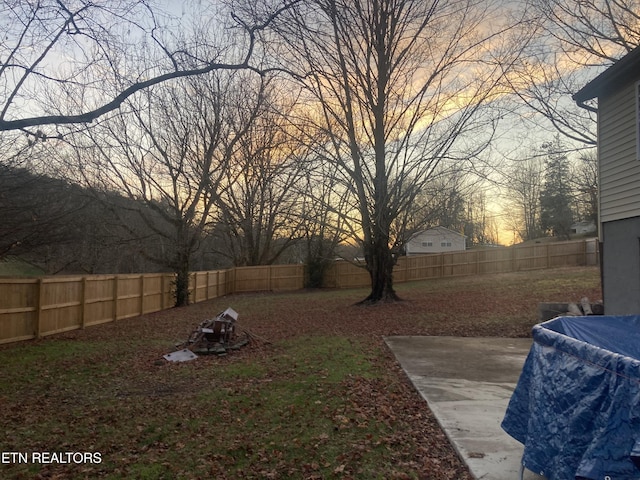 yard at dusk with a patio area