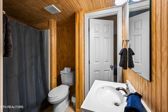 bathroom featuring vanity, wood ceiling, toilet, and wood walls