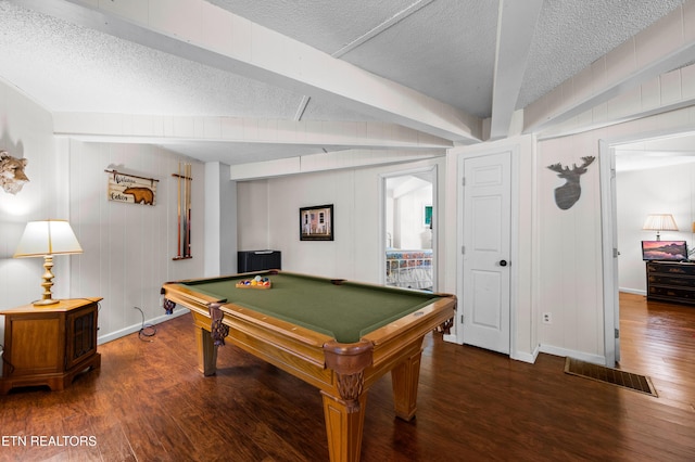 rec room featuring dark wood-type flooring, pool table, and a textured ceiling