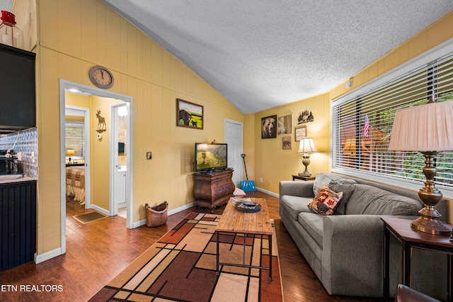 living room featuring vaulted ceiling, dark hardwood / wood-style floors, and a textured ceiling