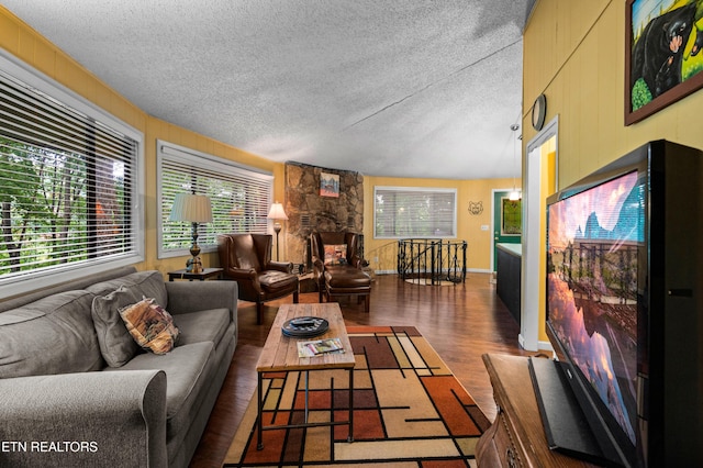 living room featuring dark hardwood / wood-style flooring, vaulted ceiling, and a textured ceiling