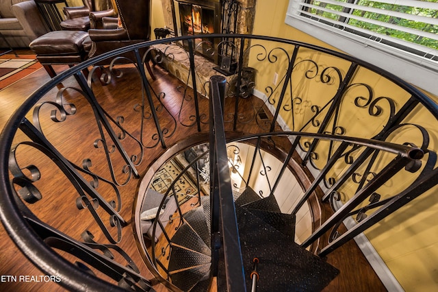 stairway with hardwood / wood-style flooring