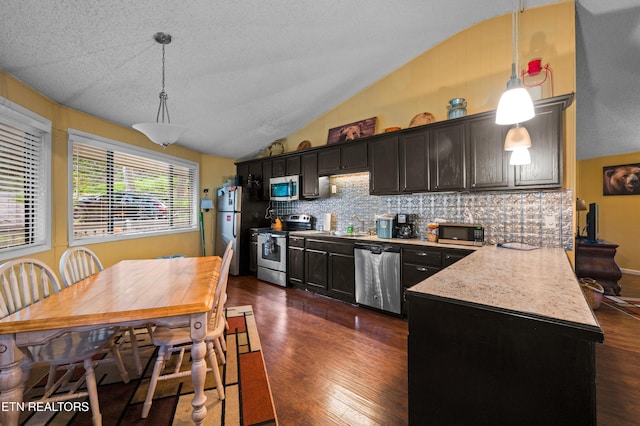 kitchen featuring vaulted ceiling, appliances with stainless steel finishes, dark wood-type flooring, and decorative light fixtures