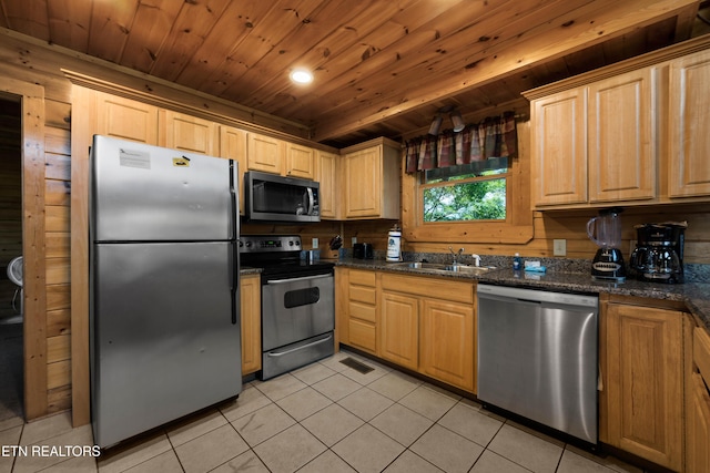 kitchen with sink, wooden ceiling, stainless steel appliances, dark stone countertops, and light tile patterned flooring