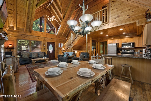 dining space with wood walls, high vaulted ceiling, beamed ceiling, dark hardwood / wood-style flooring, and wood ceiling