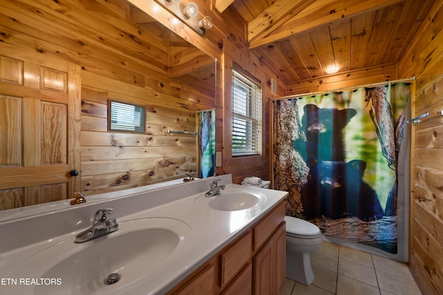 bathroom featuring vanity, wood walls, wooden ceiling, tile patterned flooring, and toilet