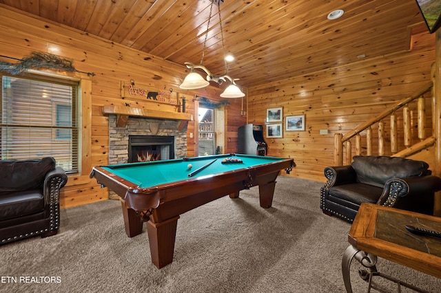 recreation room with wood walls, wood ceiling, carpet floors, and billiards