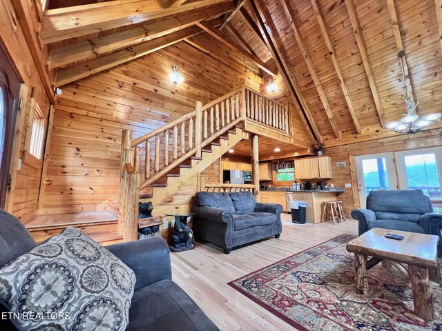 1726 Summit View Way, Pigeon Forge, TN 37862 - living area with wooden walls, high vaulted ceiling, beam ceiling, light wood-type flooring, and stairs