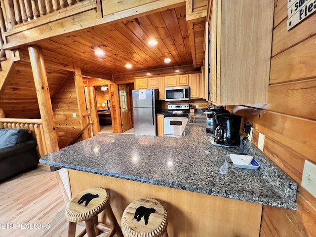 1726 Summit View Way, Pigeon Forge, TN 37862 - kitchen featuring stainless steel appliances, a peninsula, wood ceiling, light brown cabinets, and light wood-style flooring