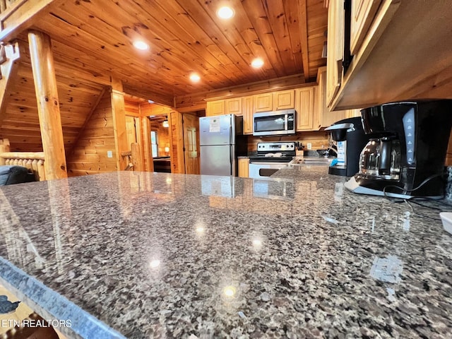 1726 Summit View Way, Pigeon Forge, TN 37862 - kitchen with stainless steel appliances, wooden ceiling, a sink, a peninsula, and wood walls