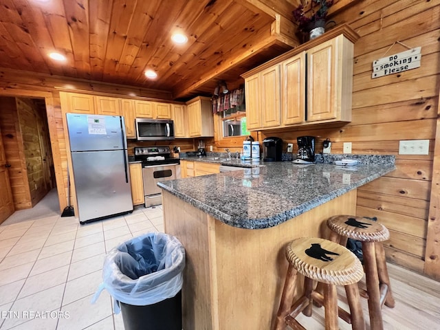 1726 Summit View Way, Pigeon Forge, TN 37862 - kitchen featuring stainless steel appliances, wood ceiling, a breakfast bar, a peninsula, and light tile patterned floors
