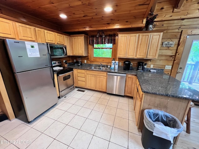 1726 Summit View Way, Pigeon Forge, TN 37862 - kitchen with appliances with stainless steel finishes, wooden ceiling, a peninsula, light tile patterned floors, and a sink