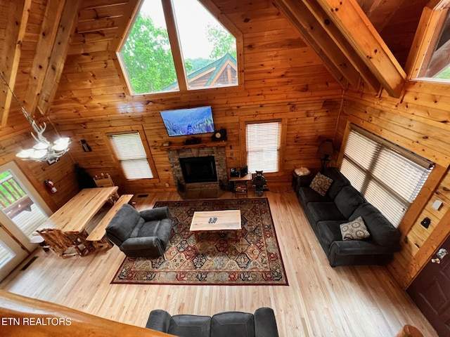1726 Summit View Way, Pigeon Forge, TN 37862 - living area featuring hardwood / wood-style floors, wood walls, plenty of natural light, beam ceiling, and a stone fireplace