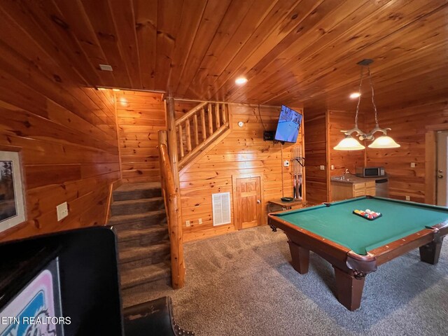1726 Summit View Way, Pigeon Forge, TN 37862 - rec room featuring carpet, wood ceiling, wood walls, pool table, and recessed lighting