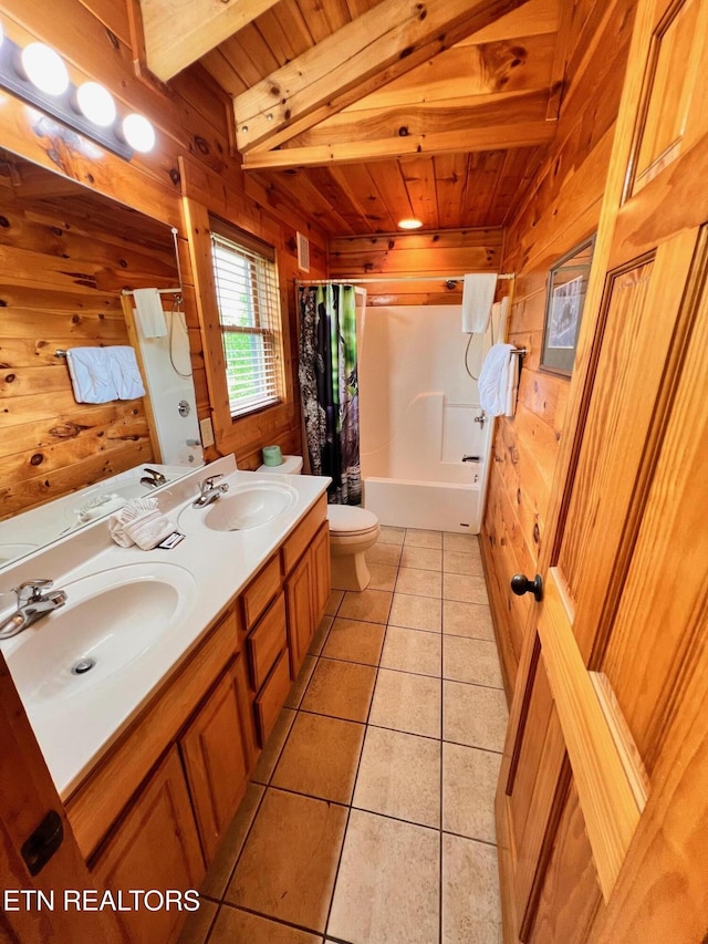 1726 Summit View Way, Pigeon Forge, TN 37862 - full bath featuring wood walls, wooden ceiling, shower / tub combo, toilet, and tile patterned floors
