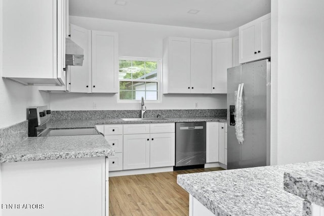 kitchen featuring white cabinets, sink, light wood-type flooring, and stainless steel appliances