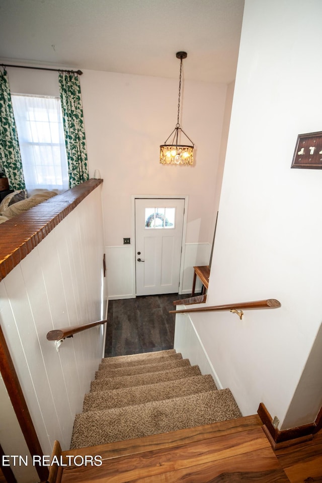 staircase with hardwood / wood-style flooring