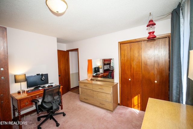 carpeted office with a textured ceiling