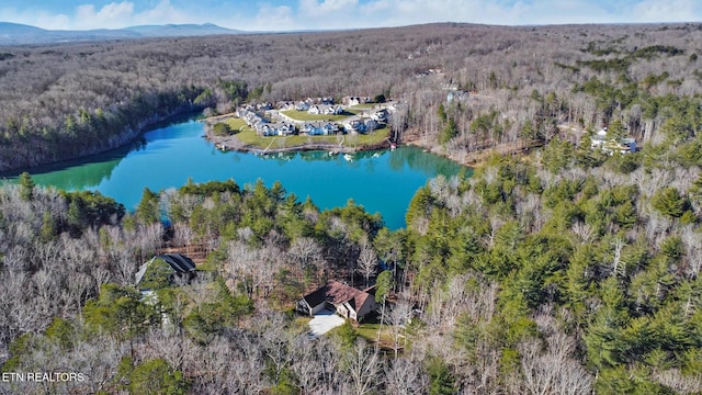 aerial view featuring a water view and a wooded view