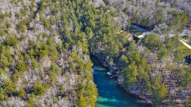 aerial view featuring a water view and a wooded view