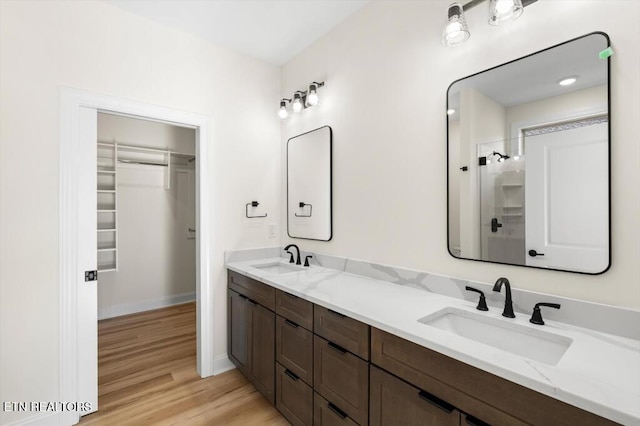 bathroom with wood-type flooring and vanity