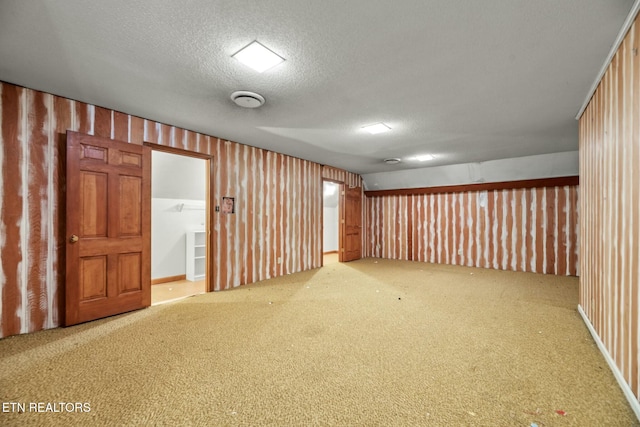 basement featuring light colored carpet and a textured ceiling