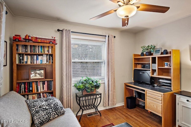 office area featuring ceiling fan and wood-type flooring