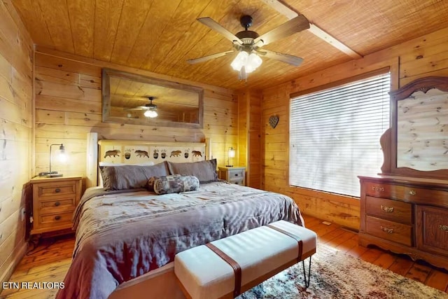 bedroom featuring wood walls, hardwood / wood-style floors, and wooden ceiling