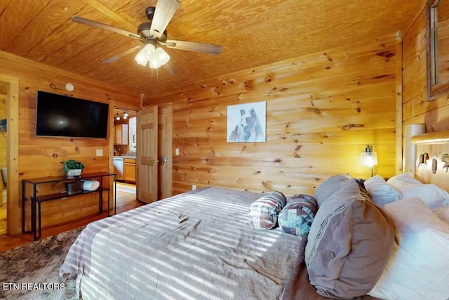 bedroom featuring ceiling fan, wooden ceiling, and wood walls