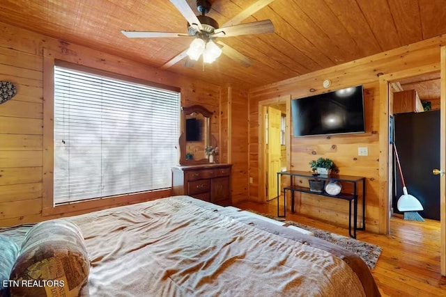 bedroom featuring ceiling fan, wooden ceiling, and wood walls