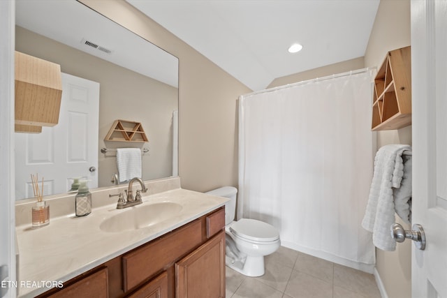 full bathroom featuring vanity, visible vents, recessed lighting, tile patterned floors, and toilet