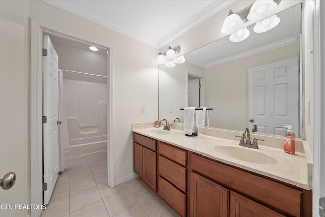 full bath featuring tile patterned flooring, double vanity, crown molding, and a sink