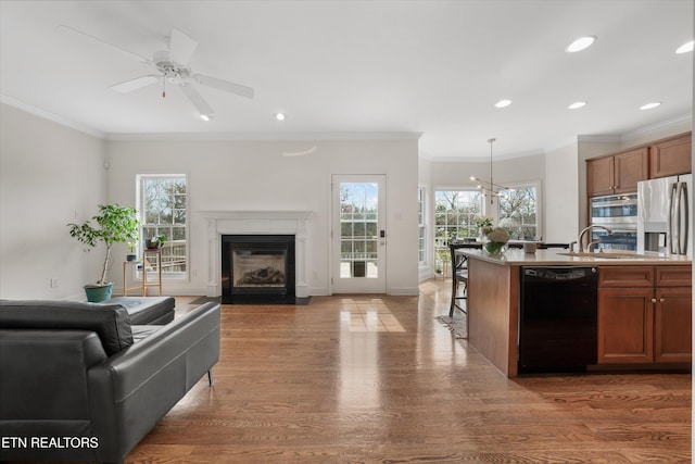 kitchen with brown cabinets, appliances with stainless steel finishes, open floor plan, and light wood finished floors