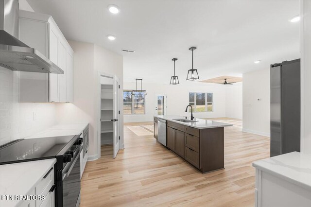 kitchen featuring ceiling fan, white cabinetry, sink, wall chimney exhaust hood, and appliances with stainless steel finishes