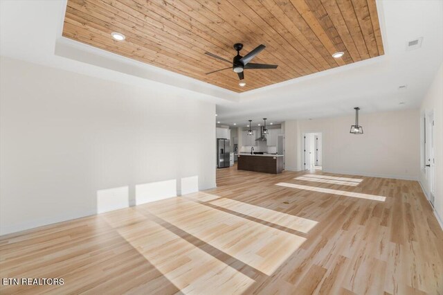 unfurnished living room with wooden ceiling, sink, light hardwood / wood-style flooring, ceiling fan, and a tray ceiling